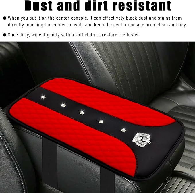 Bling Crown Car Center Console Mats, Anti-Slip and Waterproof Crystal Car Armrest Pad Protector, Universal Rustproof Armrest Decor Cushion for Cars & SUVs, Car Accessories (Red)