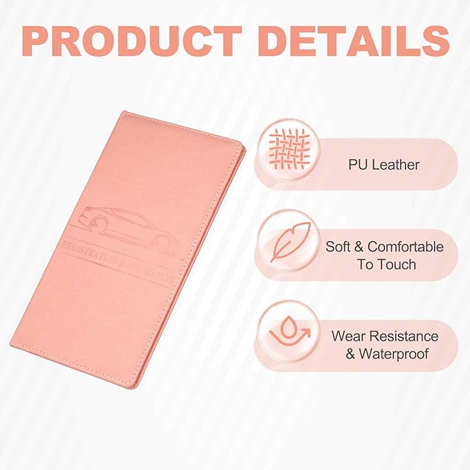 HARFINGTON Car Registration and Insurance Holder 9.65" x 4.92" PU Leather Vehicle Glove Box Organizer Storage Accessories Men Women Car ID Holder for License ID Cards Bank Cards, Pink
