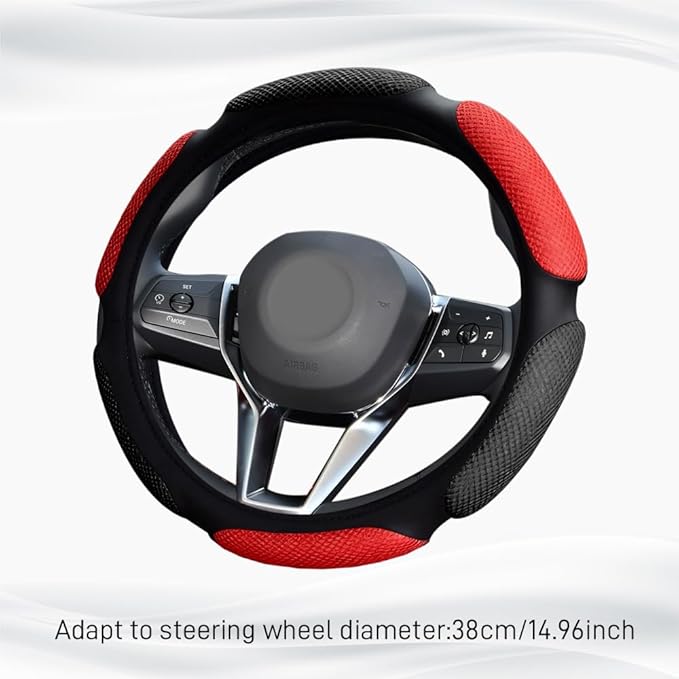 Car Steering Wheel Cover, Breathable Sporty Auto Wheels Wrap, 15 Inch Suede Steering Wheel Protector with Comfortable Grip, Steering Wheel Cover Hand Pad Cushion Slip-on for Cars (Black Red)