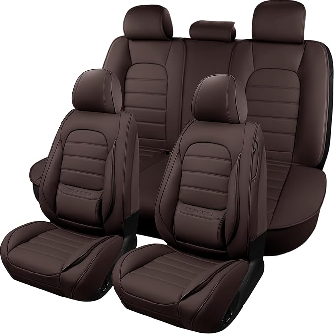 COVER EMPIRE Brown Car Seat Covers Full Set, Universal Faux Leather Seat Covers for Cars 5 Seats, Waterproof Leather Car Seat Covers, Comfortable Automotive Seat Covers for Most Sedans Trucks SUVs