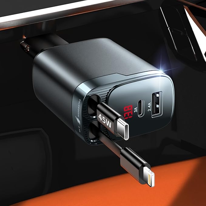Retractable Car Charger, 84W Car Charger USB C 4 in 1, Car Accessories Fast Charging Car Charger Adapter for iPhone 17 16 15 14 13 12 Pro Max, Samsung, Pixel | Travel Essentials Gifts for Men Women