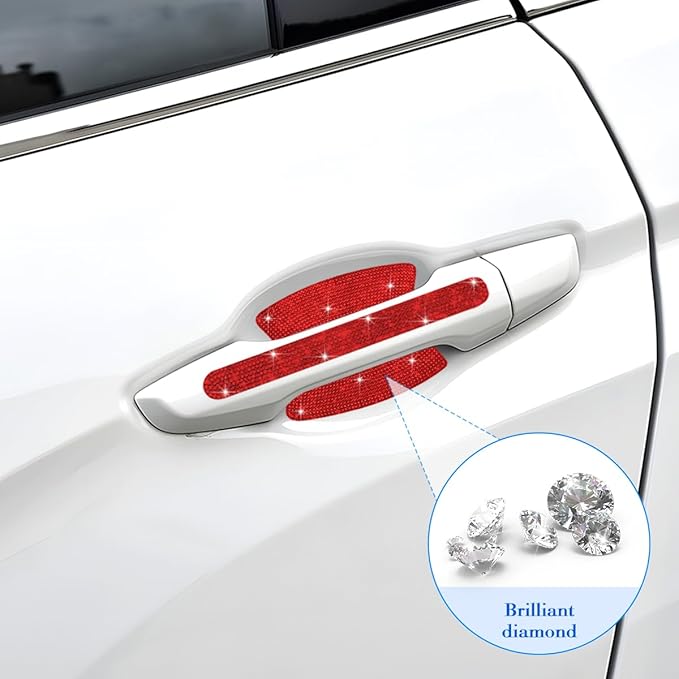 Mandark 8PCS Bling Car Door Handle Protector, Crystal Rhinestone Vehicle Door Bowl Protective Sticker, Glitter Anti-Scratch Auto Decor Decals Accessories, Universal for SUV, Sedan, Truck (Red)