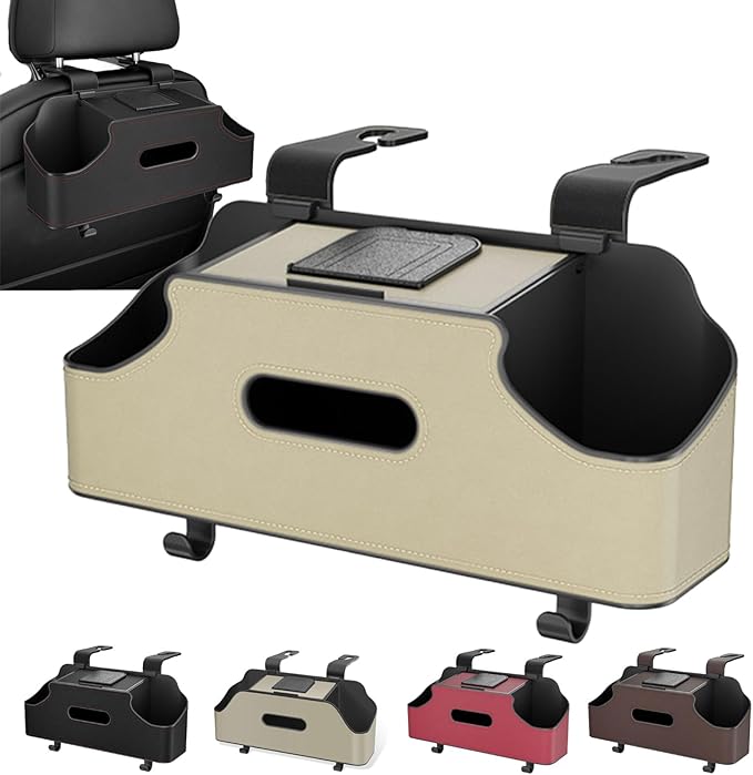 3-in-1 Car Backseat Organizer, Multifunctional Car Seat Back Storage Box, Car Storage Organizer with Cup Holders Tissue Box for Travel, Road Trip (Beige)