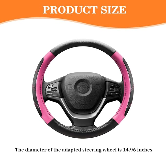 Car Steering Wheel Cover, 14.5-15" Non-Slip Leather Sporty Vehicle Steering Wheel Protector, Breathable Auto Interior Decoration Accessories, Universal for Van Truck Sedan (Pink)