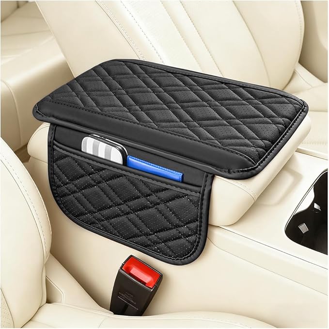 Car Center Console Cover, Leather Vehicle Armrest Cushion Pad with 2 Storage Bags, Comfortbale Automotive Interior Middle Seat Box Protector Accessories, Universal Fit (Black)