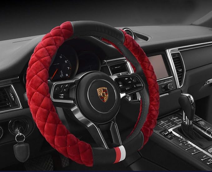 HAOKAY Luxury Fluffy Winter Steering Wheel Cover for Women,Soft Warm Short Plush Steering Wheel Cover Red Fuzzy with Universal 14.5-15 Inch