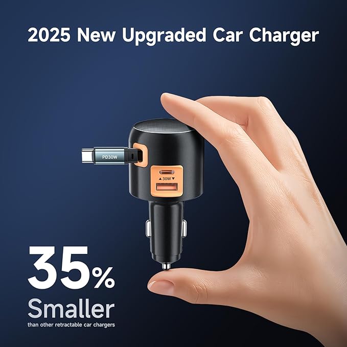 Retractable Car Charger USB C Fast Charge for iPhone 17 16 Car Charger, 60W Type C Built-in Retractable C Cable for iPhone Air/16/15 Series, iPad, Pixel and More