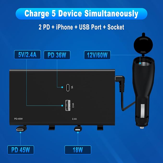 Multi Car Retractable Backseat Car Charger 5 in 1 Car Charging Station Box for iPhone/Samsung, 60W Cigarette Lighter Adapter Uber Taxi Lyft Turo Share Ride Customer Charging Dock Attach to Headrest
