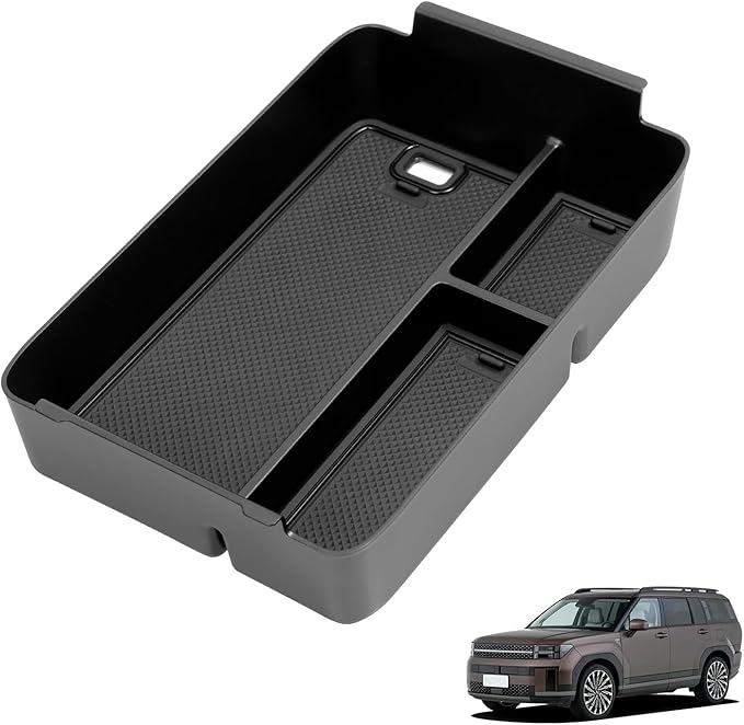 LUCKEASY Armrest Box Storage Box Compatible with Hyundai Santa Fe 2024 2025 2026 ABS Armrest Box Storage Tray and PVC Mats Black ABS for Santa Fe Accessories Black