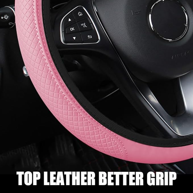 Car Steering Wheel Cover, Universal 14.5-15 Inch Pink Leather Steering Wheel Wrap with Better Sport Grip for Men Women, Anti-Slip Breathable Car Interior Accessories for Most Vehicles (Pink)