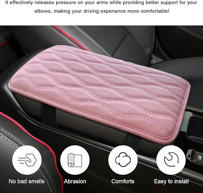 Car Center Console Pad, Waterproof Leather Armrest Seat Box Cover Protector, Non-Slip Middle Console Cushion Pad Interior Decor Fits Most Vehicles, Car Accessories (Pink)