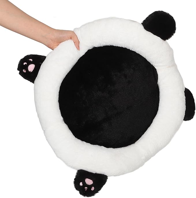 Cute Panda Plush Car Seat Cushion, Lumbar Support Pillow for Driving and Office Chair, Black Rabbit Fur Round Pad, Universal Automotive Interior Accessory