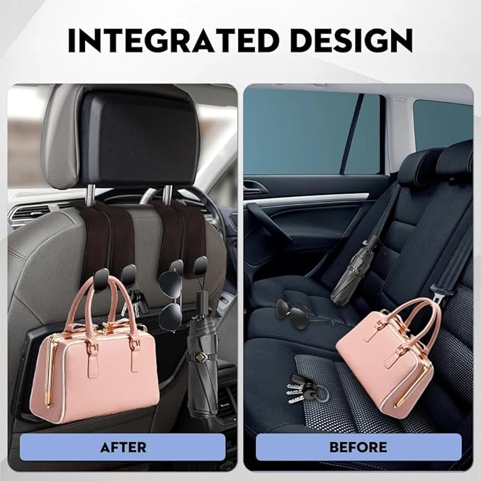 NHHEO Car Purse Hook for Headrest, 2 Pcs Car Seat Back Storage Hook Bendable Leather Universal Vehicle Car Bag Hooks(Black)