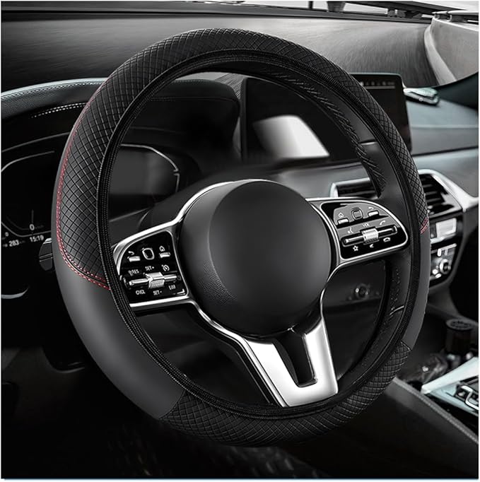 Car Steering Wheel Cover, 15 Inch Carbon Fiber Elastic Vehicle Steering Wheel Protector, Breathable Leather Auto Wheel Covers for Women Men, Interior Car Accessories (Black, AD)