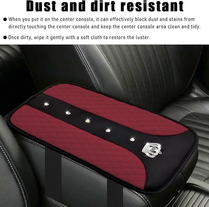Bling Crown Car Center Console Mats, Anti-Slip and Waterproof Crystal Car Armrest Pad Protector, Universal Rustproof Armrest Decor Cushion for Cars & SUVs, Car Accessories (Wine Red)