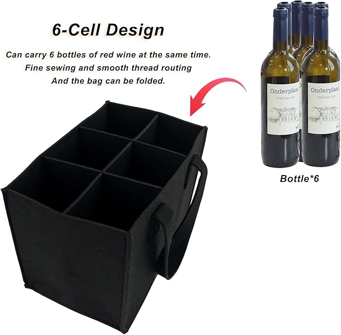 6 Bottle Wine Carrier with Divider Felt Wine Storage Tote Bag, Portable Reusable Wine Travel Bag with Handle for Christmas Travel Camping Picnic Party(black)