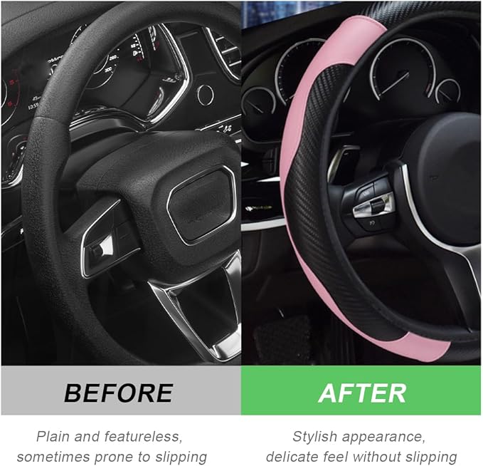 Car Steering Wheel Cover, 15 Inch Carbon Fiber Leather Stitching Color Steering Wheel Protector, Anti-Slip Elastic Breathable Steering Wheel Cover Stylish Decor for Most Cars (Black&Pink)