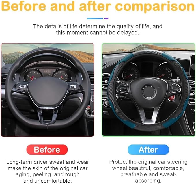 Car Steering Wheel Cover, 15 inch Carbon Fiber Microfiber PU Leather Elastic Steering Wheel Protector for Men Women, Anti-Slip Breathable Car Interior Accessories for Most Cars (Black Green)
