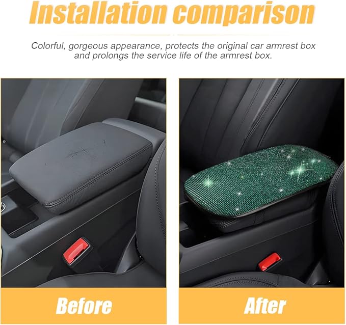 Bling Center Console Cover, Diamond Fashion ArmRest Pad, Crystal Soft Arm Rest Protective Cushion, Car Accessories for Women Girls, 11.8"×8.5" for Most of Vehicles, SUVs, Trucks (Black&Green)