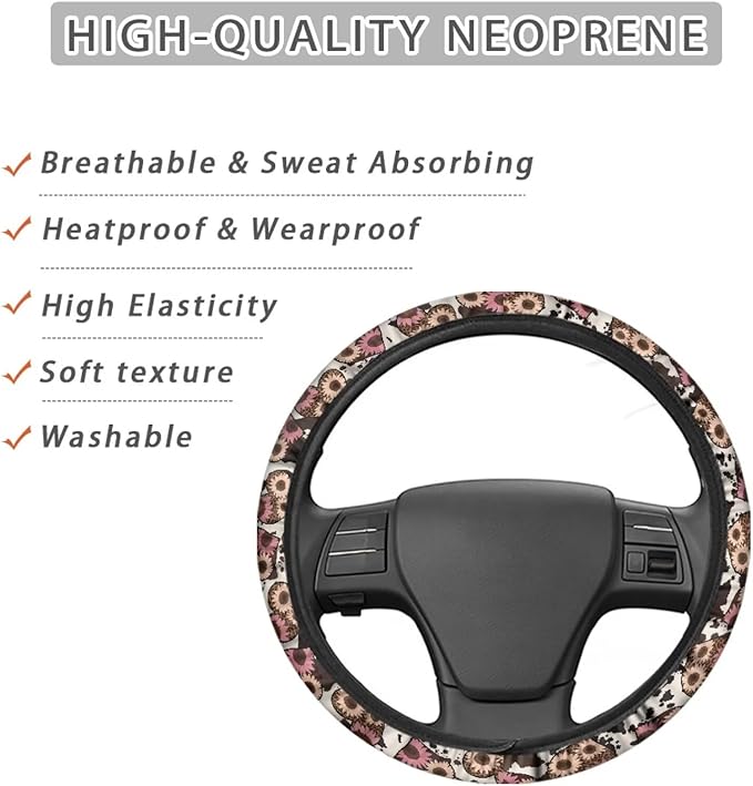 Universal Non-Slip Steering Wheel Cover, 15-inch Polyester Material Driving Accessories, Adjustable for Car and Truck(Sunflower Heart Leopard Print)