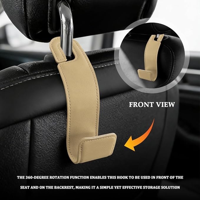 2PCS Purse Holder for Car, Purse Hook for Car, Leather Headrest Hooks for Automotive Back Seat, Auto Accessories Back Seat Organizer Hook for Grocery Bag Handbag Coat (Beige, 2PCS)