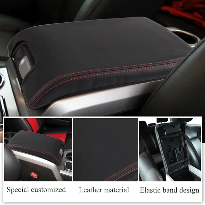 XITER 1PC Leather Center Console Armrest Box Cover Waterproof Cushion Pad for F150 2009-2014 Not Fit Jump Seat Console(Red Stitches)