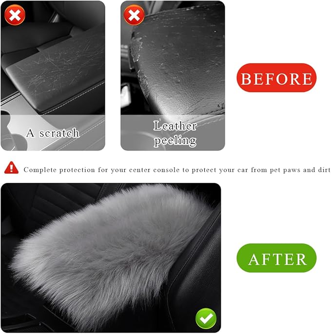 Car Center Console Cover Pad, Fluffy Middle Console Pad Armrest Seat Box Cover, Universal Furry Arm Rest Decoration Protector for Car Truck SUV, Interior Car Accessories (Gray)
