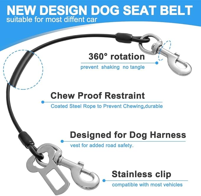 Mi Metty Dog Seat Belt Harness for Car,Dog Seatbelt of Coated Wire Leash Safety Restraint, No Chew Tether Cable Vehicle Dog Accessories, Double Clips & Latch Attachment (Black, 16 Inch/40 Cm)