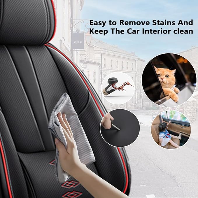 Premium Universal Car Seat Cover, Comfortable Leather Seat Cover for 96% of Models, Waterproof Car Seats Protectors Cushions for 5 Seats(Black+Red)