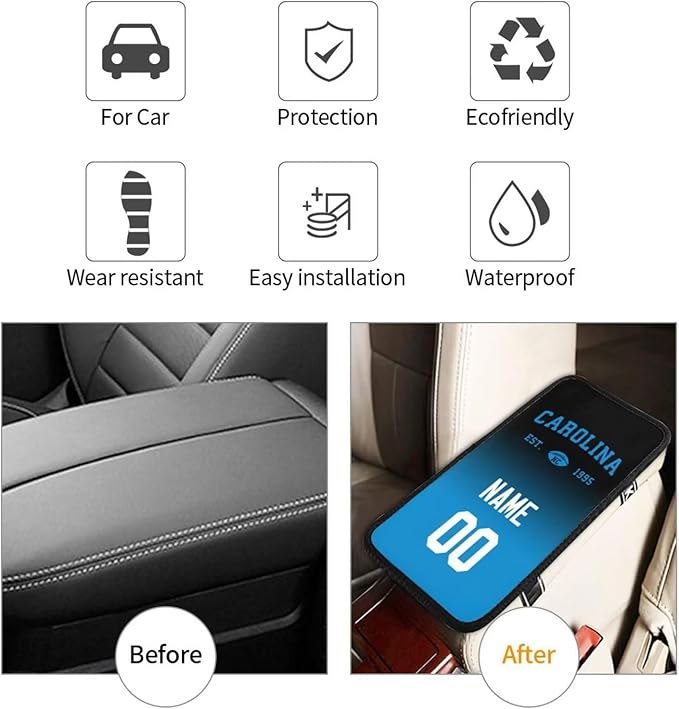 Custom Car Armrest Cover,Add Personalized Name and Number As Gifts for Loyal Football Fans,Auto Center Console Pad Car handrail Box Cushion,Fit for Most Car