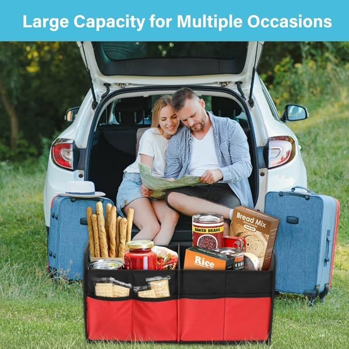 Simple Deluxe Car Trunk Organizer, 2 Compartments Collapsible Trunk Storage, Anti-slip Design, Made of Waterproof 600D Oxford Polyester, Suitable for SUV, Minivan, Truck, Standard Size, Red