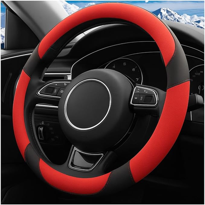 HZEL Car Steering Wheel Cover, 15 Inch PU Leather Breathable Anti-Slip Vehicle Steering Wheel Protecter with Inner Ring, Automotive Interior Accessories, Universal for SUV Sedan Truck (Red)