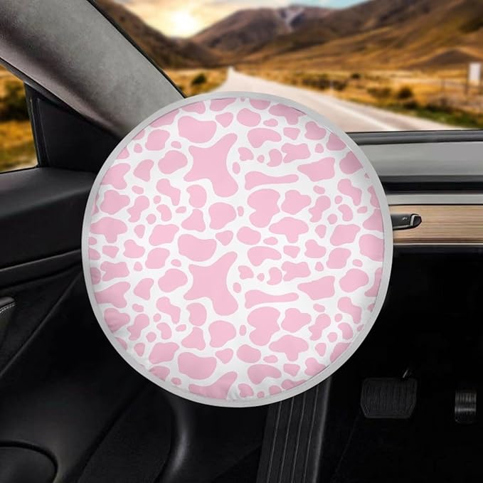Pink Cow Print Car Steering Wheel Sun Shade Cover Universal Steering Wheel Sunshade 17 Inch Car Rudder Protector Block UV Rays Reflector Easy to Install