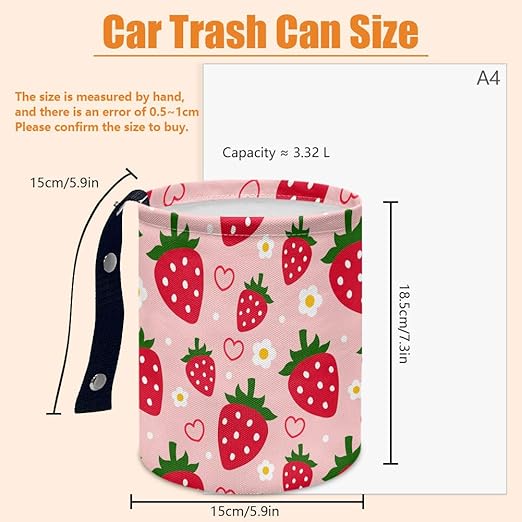 Strawberry and Flower Car Trash Can Waterproof Garbage Can Car-Seat Back Hanging Trash Bag Portable Camping Waste Bin Storage Bag Collapsible Rubbish Container for Women Car (5.9" W,7.2" H)