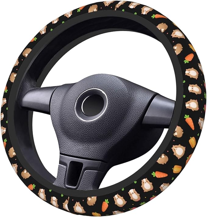Guinea Pig and Carrots Neoprene Steering Wheel Covers Women Men Car Accessories, Universal 15 Inch Fit Auto, Suvs, Truck