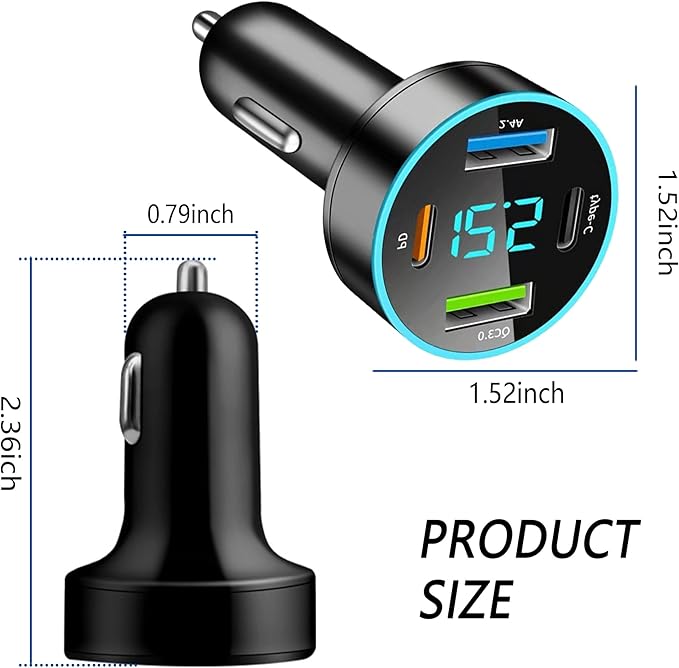 4-Port USB Car Charger,Car Charger Adapter with Blue LED,PD+QC3.0+Type C Ports Car Charger Adapter for Car Truck SUV Compatible with iPhone/Android (QC3.0+PD+2.4A+Type-C)