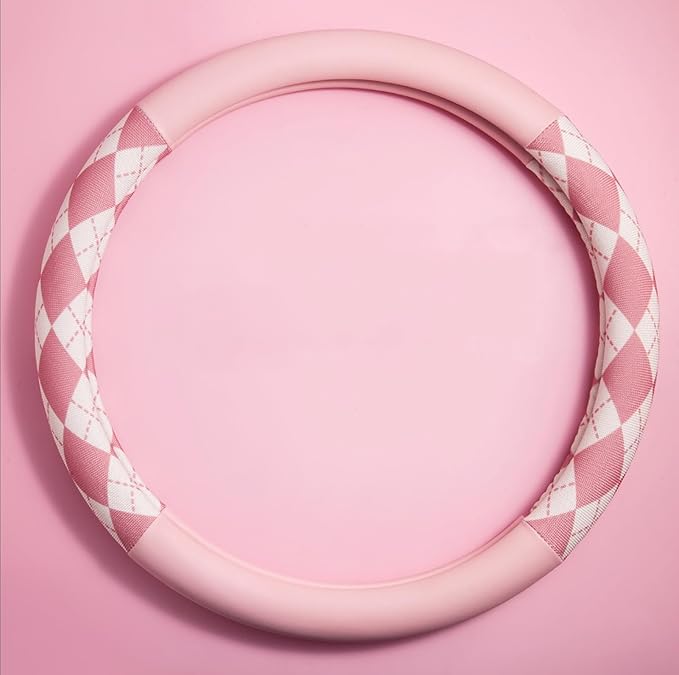 Steering Wheel Cover, Pink and White Diamond Pattern, 15 Inch, Anti-Slip Leather (Pink)