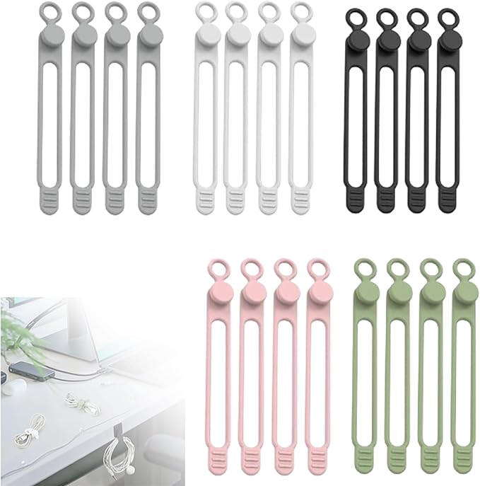 Silicone Cable Ties, Reusable Cable Management Organizer, Multipurpose Elastic Cord Organizer for Bundling and Fastening Cables, 5 Colors, 20 Pack
