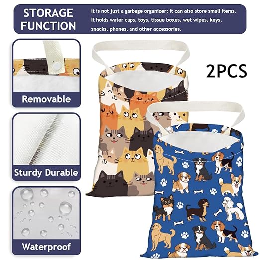2PCS Cute Funny Cat Dog Print Car Trash Bag Portable Hanging Garbage Bag with Snap Buttons Back Seat Rubbish Storage Dustbin for Women Man Car Interior Accessories Kitchen Home Travel