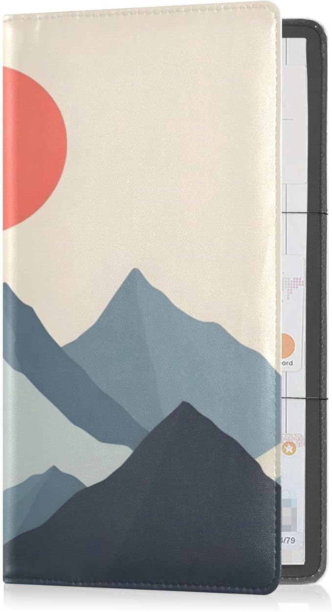 Qilmy Simple Sun Mountain Car Registration and Insurance Holder PU Leather Vehicle Document Wallet Glove Box Organizer with Clear PVC Card Slots for Driver License ID Cards