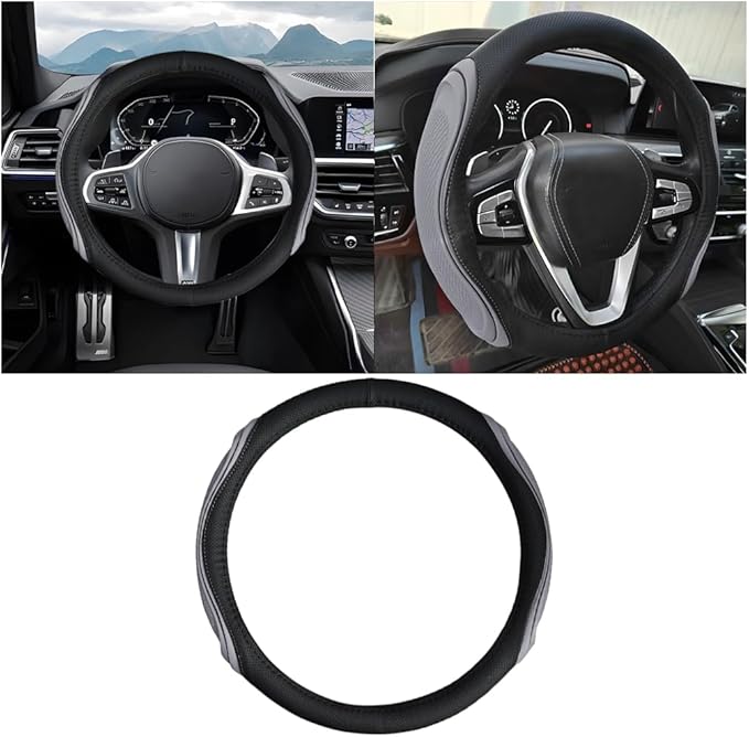 15 Inch Car Leather Steering Wheel Cover, Automotive Accessories Elastic Breathable Anti-Slip Soft Wheel Protector Fits Men and Women, Suitable for SUVs, Trucks, Vehicles and RVs (Gray-1)