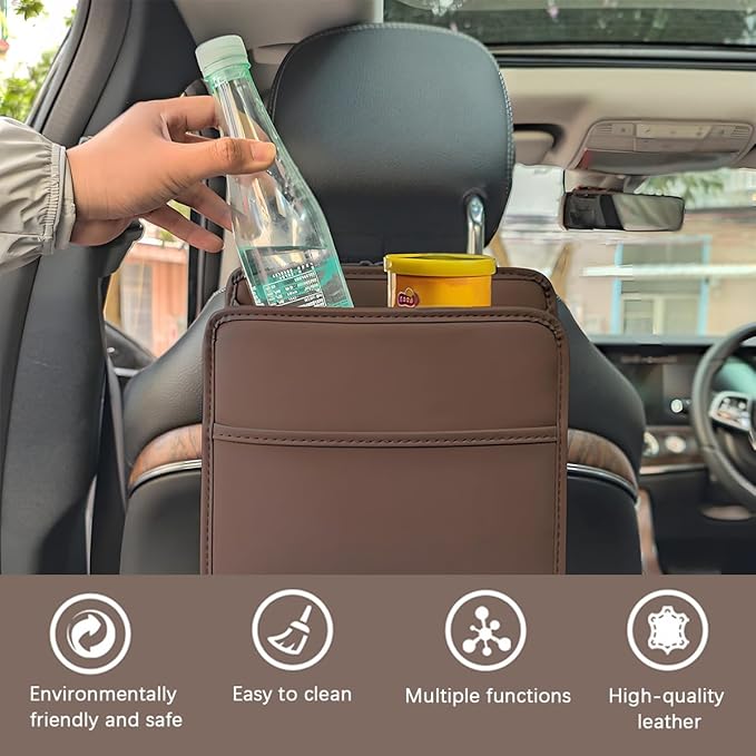 Car Seat Back Organizer, Leather Multipurpose Hanging Vehicle Backseat Headrest Storage Bag, Automotive Pouch Pocket Organizer for Kids & Adults, Universal for Truck SUV Sedan (White)