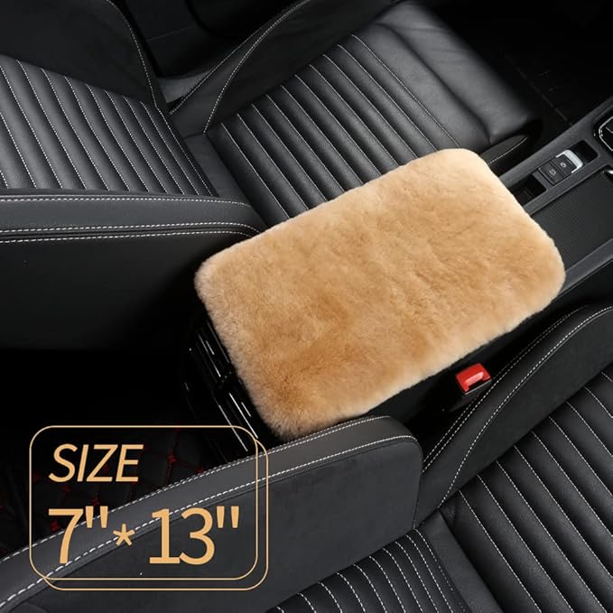 IRIWOOL Sheepskin Armrest Cover Auto Center Armrest Cover Car Soft Console Pad, Fluffy Wool Auto Center Console Cover for Most Car Arm Rest Decoration Protector 7 x 13 Inch (Shearling, Khaki)