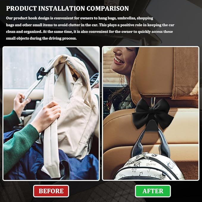 2PCS Car Seat Headrest Hooks, Purse Hook for Car, Bow Shaped Vehicle Backseat Storage Hooks, Universal Car Purse Holder Hook Car Accessories Compatible with Purse Coat (Black)