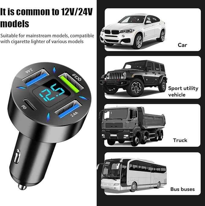 4 Ports USB Car Charger, 66W Super Fast Charging with QC 3.0, PD 20W and USB 2.4A Charger Adapter, Quick Charge with LED Voltmeter, Auto Cigarette Lighter Plug (PD20W+QC3.0+2.4A, 1PCS)