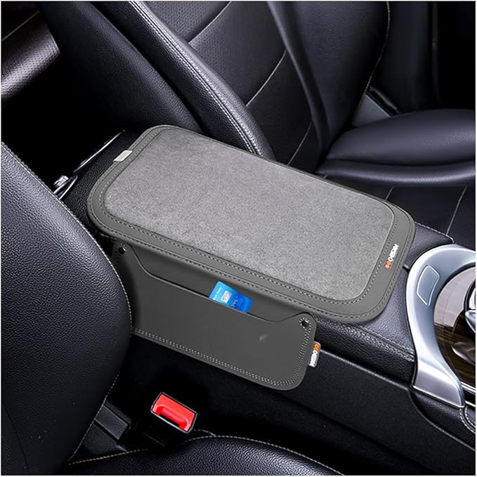 Car Center Console Cover, Leather Furry Fluffy Armrest Seat Box Cushion Pad with 2 Storage Bags, Comfortable Auto Interior Middle Console Protector, Compatible with Most Vehicle (Gray)