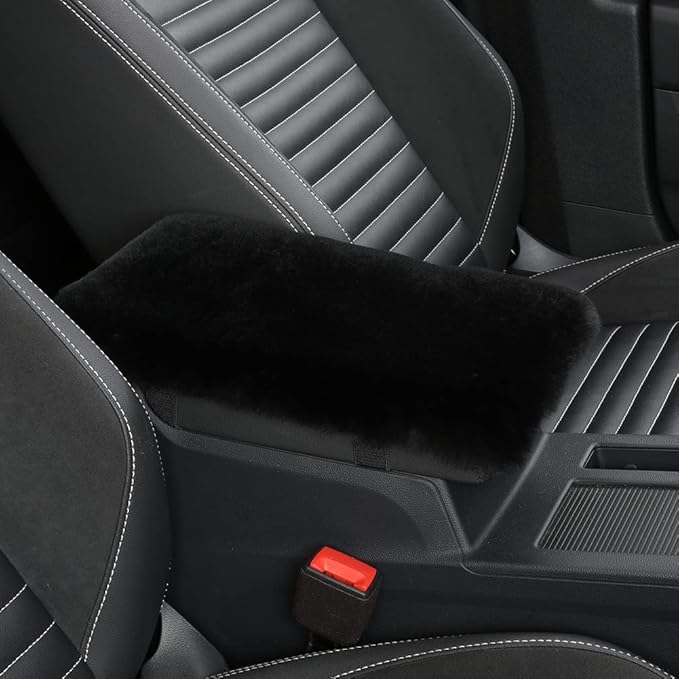 IRIWOOL Sheepskin Armrest Cover Auto Center Armrest Cover Car Soft Console Pad, Fluffy Wool Auto Center Console Cover for Most Car Arm Rest Decoration Protector 7 x 13 Inch (Shearling, Black)