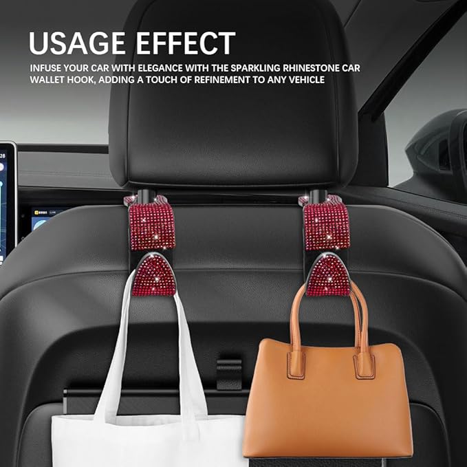 2PCS Car Seat Hooks, Purse Hook for Car, Crystal Rhinestone Vehicle Backseat Purse Holder, Auto Accessories Diamond Auto Seatback Storage Organizer Hanger for Handbag Clothes Purse (Red)