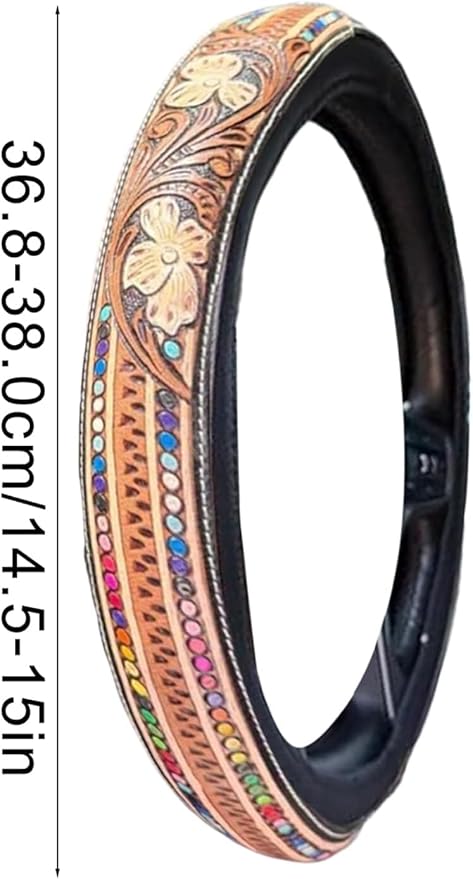 Western Steering Wheel Cover 14.5–15" – Retro Tooled Leather Pattern, Universal Anti-Slip Car Accessories for Trucks SUVs Cars, Boho Cowgirl/Cowboy Gift (E)