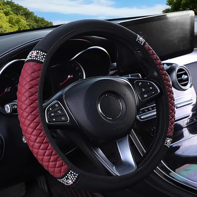 WLERIR Microfiber Leather Steering Wheel Cover with Anti-Slip Lining Universal Car Accessory for Steering Wheel with a Diameter of 14.5-15 inch (Wine red)